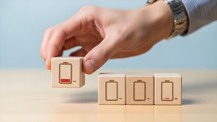 Hand arranging wooden blocks with low battery symbols on a tabletop