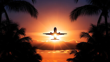 Stunning airplane taking off into a vibrant tropical sunset framed by dramatic palm tree silhouettes for travel marketing