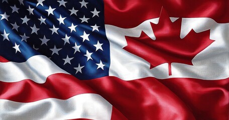 Close-up view of a fabric combining elements of the United States flag with stars and stripes and the Canadian flag with a red maple leaf on a red and white background