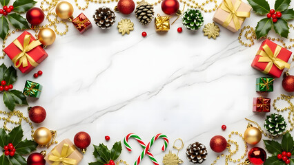 Christmas border frame with baubles, fir branches, and holiday ornaments vector illustration