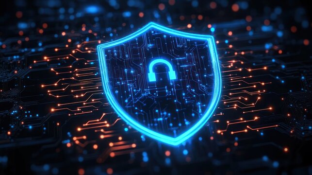 Glowing blue digital shield with unlocked padlock symbol on a dark circuit board background representing cybersecurity vulnerability - Powered by Adobe
