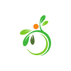 Abstract green leaf and human figure logo with orange circle