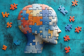 Human head made of interlocking colorful puzzle pieces on a textured blue background with scattered puzzle pieces around