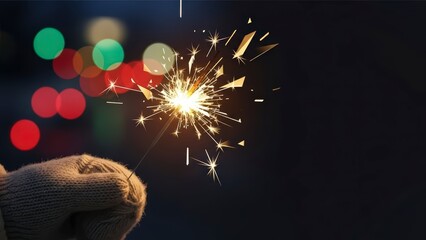 Hand holding a bright sparkler against a dark background with bokeh lights.