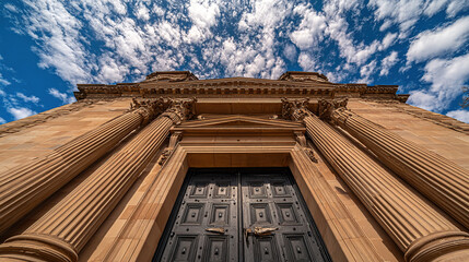 driveway. A grand mansion entrance featuring classical architectural details under a bright sky with scattered clouds. real-estate listings.
