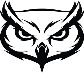 Black and white graphic illustration of an owl face with sharp angles head