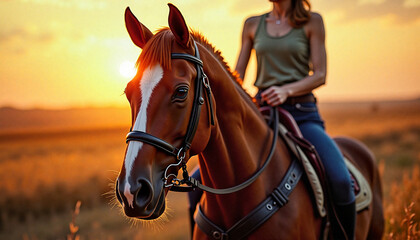 Obraz premium Woman riding horse in sunset field