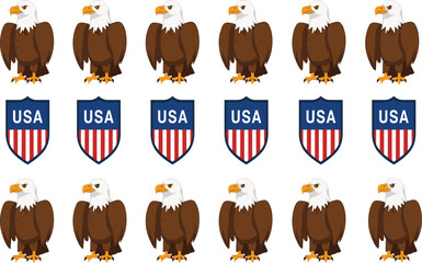 Cartoon bald eagles and U S A shields arranged in a grid pattern bird United States