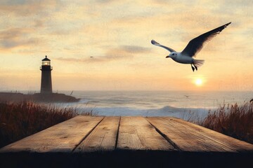 seagull flying over a wooden pier with a lighthouse and ocean waves at sunset under a calm sky