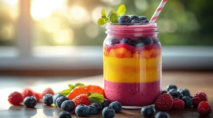 Colorful layered smoothie in a glass jar topped with fresh blueberries and mint leaves surrounded by fresh berries on wooden surface with soft sunlight background