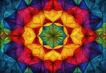 Vibrant and colorful abstract geometric pattern with star and diamond shapes formed by intricate folded textures in bright hues of red, yellow, blue, green, and purple