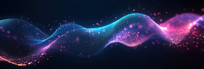 Abstract flowing wave of blue and pink glowing particles and dots forming a dynamic mesh pattern on dark background conveying motion and energy