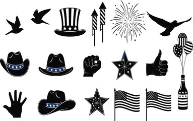 Collection of black and white American themed graphic elements including birds hats fireworks flags and balloons