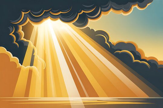 Stunning golden sun rays burst through dramatic dark clouds over a calm reflective surface at sunset