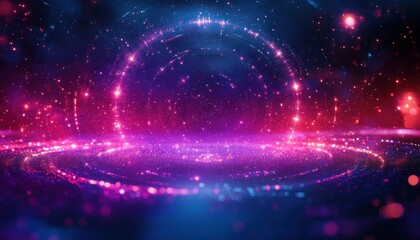 Vibrant digital circular wave composed of glowing pink and purple light particles forming concentric patterns against a deep blue background evoking a futuristic and energetic atmosphere