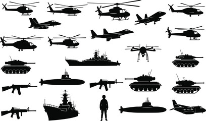 Collection of black silhouette military vehicles aircraft and weapons helicopter