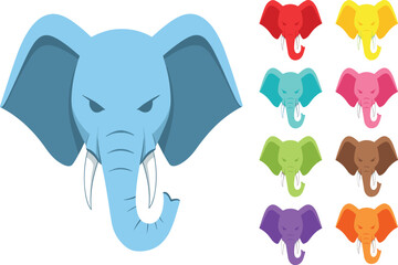 Collection of cartoon elephant heads in various bright colors animal illustration