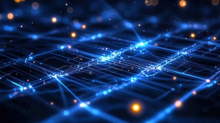 Futuristic blue digital network grid with glowing light points and intricate interconnected lines on dark background