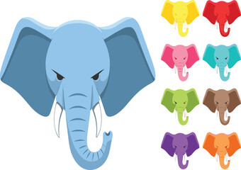 Collection of cartoon elephant heads in various bright colors illustration animal