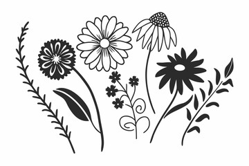 Abstract floral patterns with vibrant september wildflowers in black and yellow