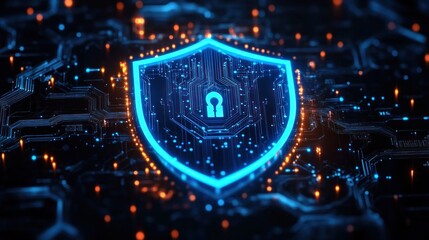 Glowing digital shield with lock icon representing cybersecurity protection on a complex electronic circuit board with blue and orange lights
