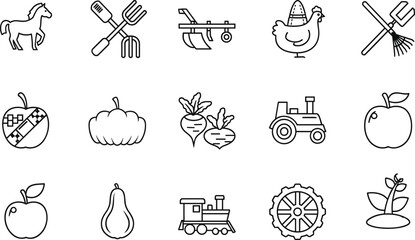 Collection of farm and garden icons including horse chicken tractor and fruits