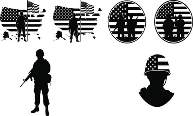 Silhouette soldiers with American flag and map elements military army