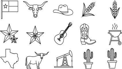 Texas symbols outline icons including flag longhorn cowboy hat wheat guitar boot bbq grill cactus and oil pump
