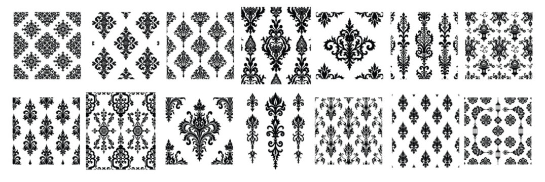 Black damask patterns and ornamental elements on white