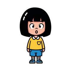 Cartoon girl with surprised expression bob haircut and casual outfit.