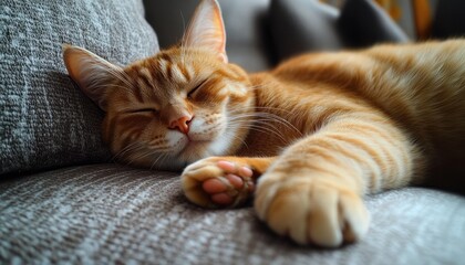 Close-up of an orange tabby cat peacefully sleeping on a gray textured couch with paws stretched out comfortably
