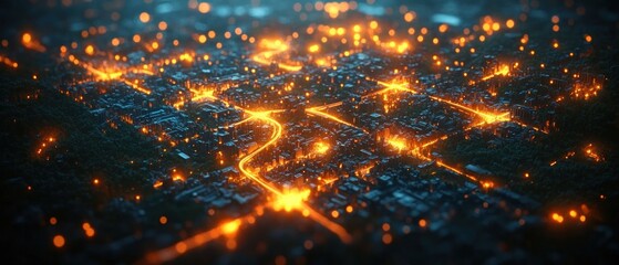 Glowing nighttime cityscape with bright illuminated streets and scattered points of light creating a vibrant futuristic atmosphere