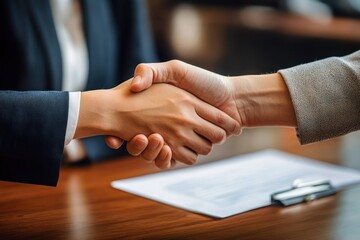 Close-up of two people shaking hands over a wooden table with a clipboard and document, conveying agreement and professionalism