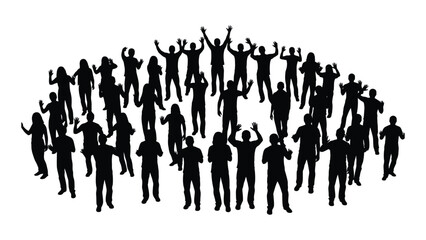 Naklejka premium Excited crowd silhouettes waving hands isolated on white background, Vector