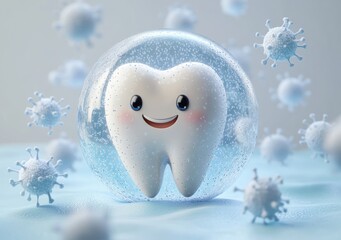 Smiling cartoon tooth protected inside a transparent bubble surrounded by virus-like particles conveying dental health and protection concept