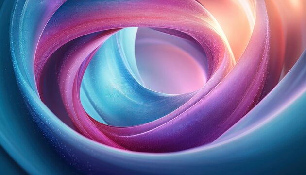 Close-up view of smooth, flowing abstract ribbons in blue, purple, and pink hues creating a soft, dynamic swirl with glowing light effects - Powered by Adobe
