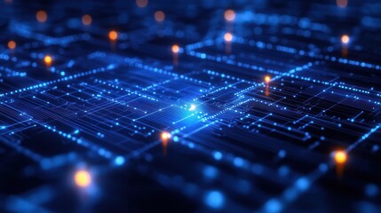 close-up view of glowing blue and orange digital circuit board with intricate electronic pathways and illuminated points representing data flow