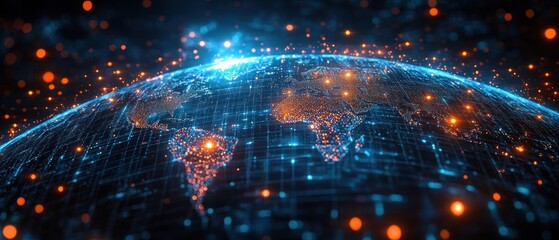 Glowing digital representation of the Earth&rsquo;s surface with illuminated continents and vibrant data points symbolizing global connectivity and technology