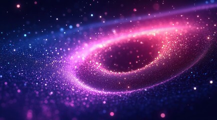 Abstract glowing ring of pink and purple particles on a dark blue background creating a sense of depth and cosmic energy