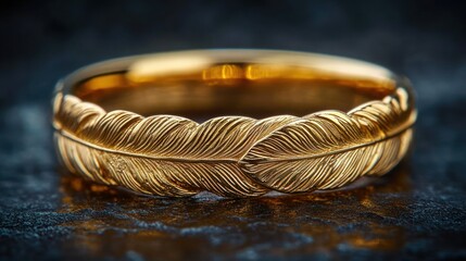 Close-up of a gold ring with intricate feather engraving on dark textured surface evoking elegance and craftsmanship