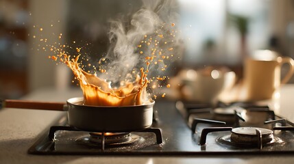 The old black metal stove holds a hot pot as a chef lights a gas burner with a burning match