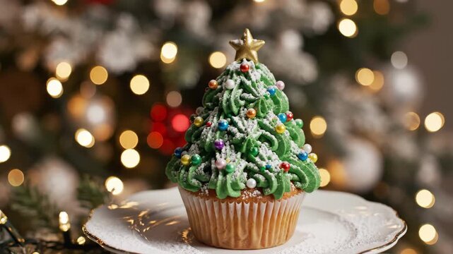 miniature dessert display, elegant miniature cake with christmas decorations on fine china, charming small dessert adorned with festive accents atop porcelain dish during holiday preparations.
