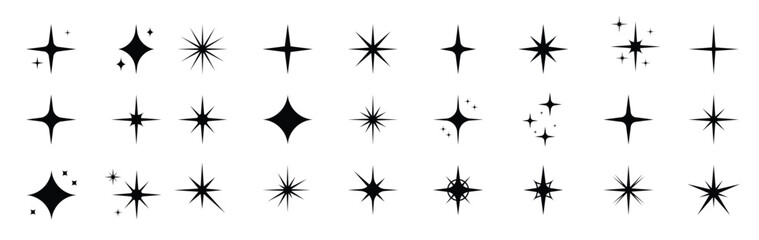 Burst Star Silhouette Icon Set. Black Twinkle Flash Pictogram. Magic Firework Flat Icon Collection. Vibrant Shiny Glitter Effect. Sparkle Glow Starburst. Flare Ray. Isolated Vector Illustration.