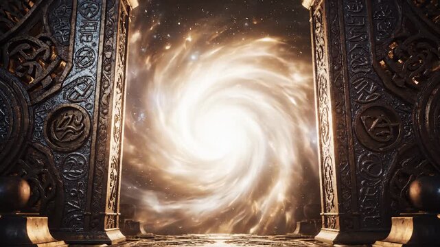 Ornate Doors Open to Cosmic Vortex and Stars, Fantasy Concept