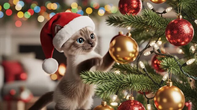kitten in santa hat by tree, reaching for gold bauble and tangled in garland, colorful bokeh lights and cozy living room backdrop, playful paw taps and tentative jumps, ornament swing and mild.