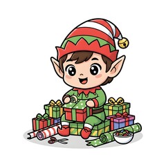 Cute Cartoon Christmas Elf Wrapping Gifts and Presents
