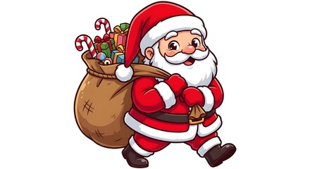 Cute Cartoon Santa Claus Carrying Sack of Gifts Vector Illustration
