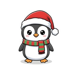 Cute Chibi Penguin Wearing a Santa Hat and Striped Winter Scarf
