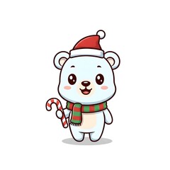 Adorable Chibi Polar Bear in Santa Hat and Scarf Holding a Candy Cane