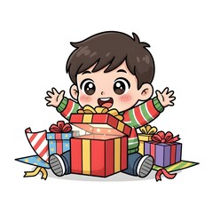 Happy Chibi Child Opening Christmas Presents and Gift Boxes